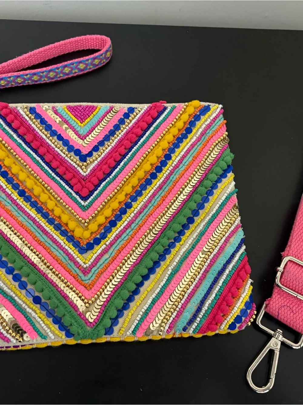 Handcrafted Multicolor Boho Tassel Tote - Pink & Blue Accents